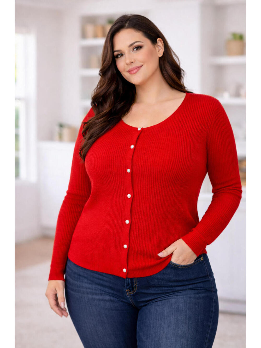 Wild Fable Women's Red Ribbed Cardigan Sweater Pearl Buttons Size 2X Plus+